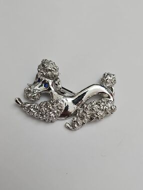 Silver Poodle Animal Brooch with Blue Eyes